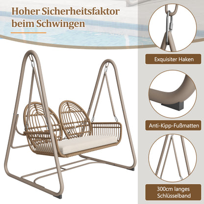 Gartenschaukel, Hollywoodschaukel mit Rückenlehne, Gartenmöbel-Set für den Außenbereich,Doppelschaukel aus PE-Rattan, 2 Sitze, Brauner Sitzrahmen und beiges Kissen