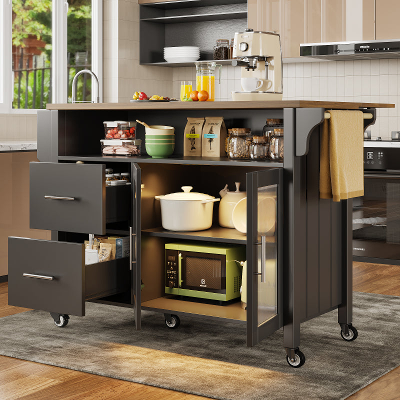 Kücheninsel mit herausnehmbaren Trennwänden, Speisewagen mit Arbeitsplatte, Buffetschrank, Speisewagen mit Glasvitrine in Holzmaserung, LED-Leuchten, seitlicher Handtuchhalter mit Rollen, Schwarz