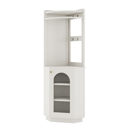Badschrank mit Lichtleiste, Badmöbel, Eckschrank mit Staufach, offenes Fach mit Haken, mit verstellbaren Einlegeböden, 45 x 45 x 166,6 cm, weiß