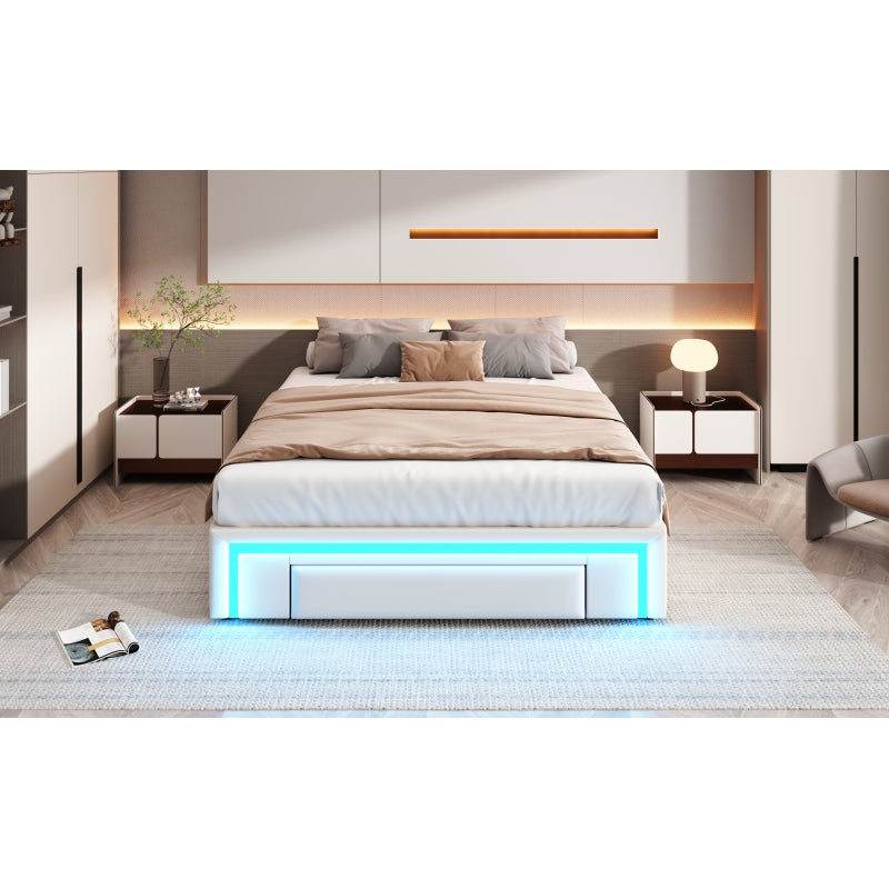 Bettgestell 140X200 mit Schubladen, PU-Leder Bett ohne Kopfteil Mit LED-Lichtleiste, MetalllattenPlattformbett für moderne Schlafzimmer Beige