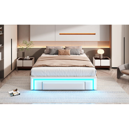 Bettgestell 140X200 mit Schubladen, PU-Leder Bett ohne Kopfteil Mit LED-Lichtleiste, MetalllattenPlattformbett für moderne Schlafzimmer Beige