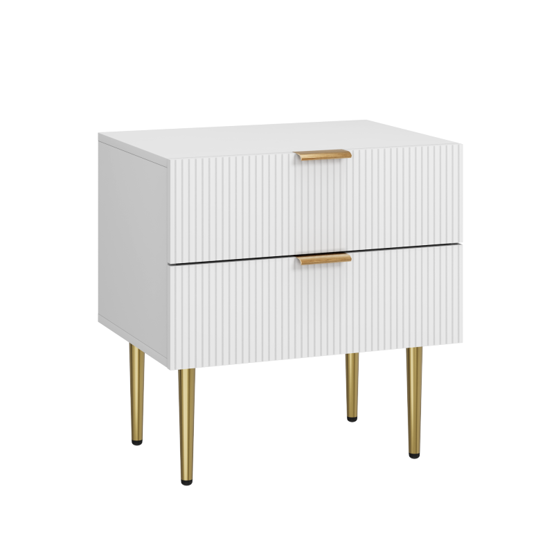Weißer Nachttisch mit Wellenmuster und 2 Schubladen, Schlafzimmer-Nachttisch, moderner Nachttisch mit Metallbeinen, 1 Stück