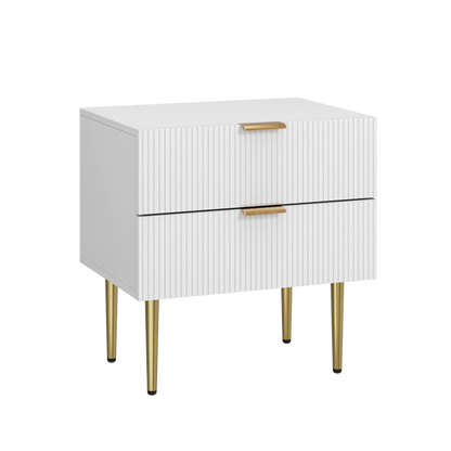 Weißer Nachttisch mit Wellenmuster und 2 Schubladen, Schlafzimmer-Nachttisch, moderner Nachttisch mit Metallbeinen, 1 Stück