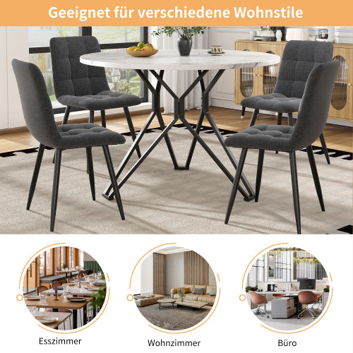Esstisch-Set (5-teilig), Esstisch-Set mit 4 Stühlen, Modernes Küchen-Esstisch-Set, Runder Küchentisch mit Durchmesser 100 cm, Schwarze Metallbeine, MDF-Marmor-Tischplatte, Graue Samt-Esszimmerstühle