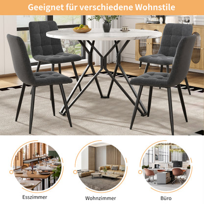 Esstisch-Set (5-teilig), Esstisch-Set mit 4 Stühlen, Modernes Küchen-Esstisch-Set, Runder Küchentisch mit Durchmesser 100 cm, Schwarze Metallbeine, MDF-Marmor-Tischplatte, Graue Samt-Esszimmerstühle