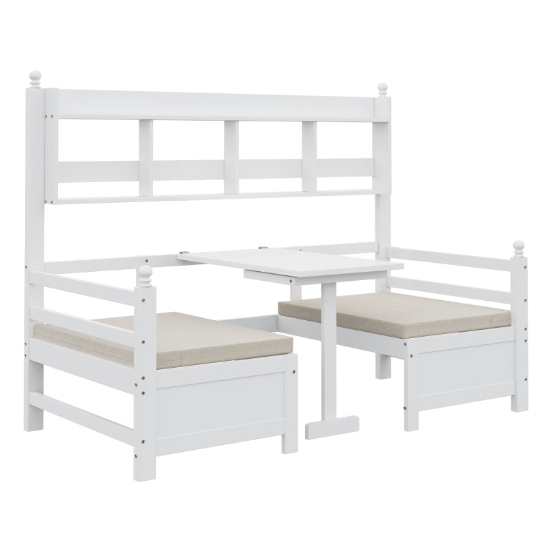 Multifunktionales Massivholz Schlafsofa 200x90 cm, 2-in-1 Bett und Schreibtisch, Frei Umbaubar, Mit Bücherregal Zur Aufbewahrung, Mit Bequemen Kissen, Gästebett Einzelholzbett, Weiß
