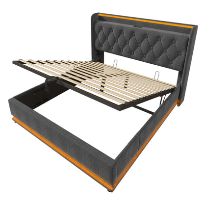 Polsterbett Doppelbett, 360-Surround-LED-Funktion, Drucktaste/App/Fernbedienung,160*200 cm,Grau Leinen-Material Hydraulisches Lagerbett, gepolstertes Kopfteil mit USB Typ-C Ladefunktion(Ohne Matratze)