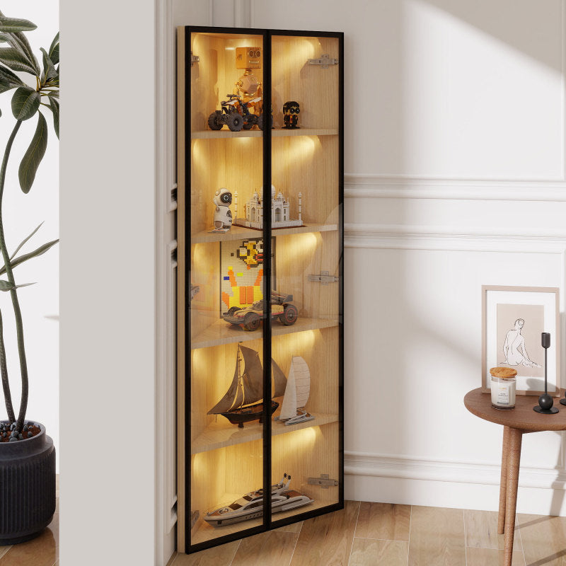 Eckvitrine, Eiche-Optik: Glasvitrine für Sammlungen, Bücher, Wein oder als Badezimmerschrank 62x35x160cm