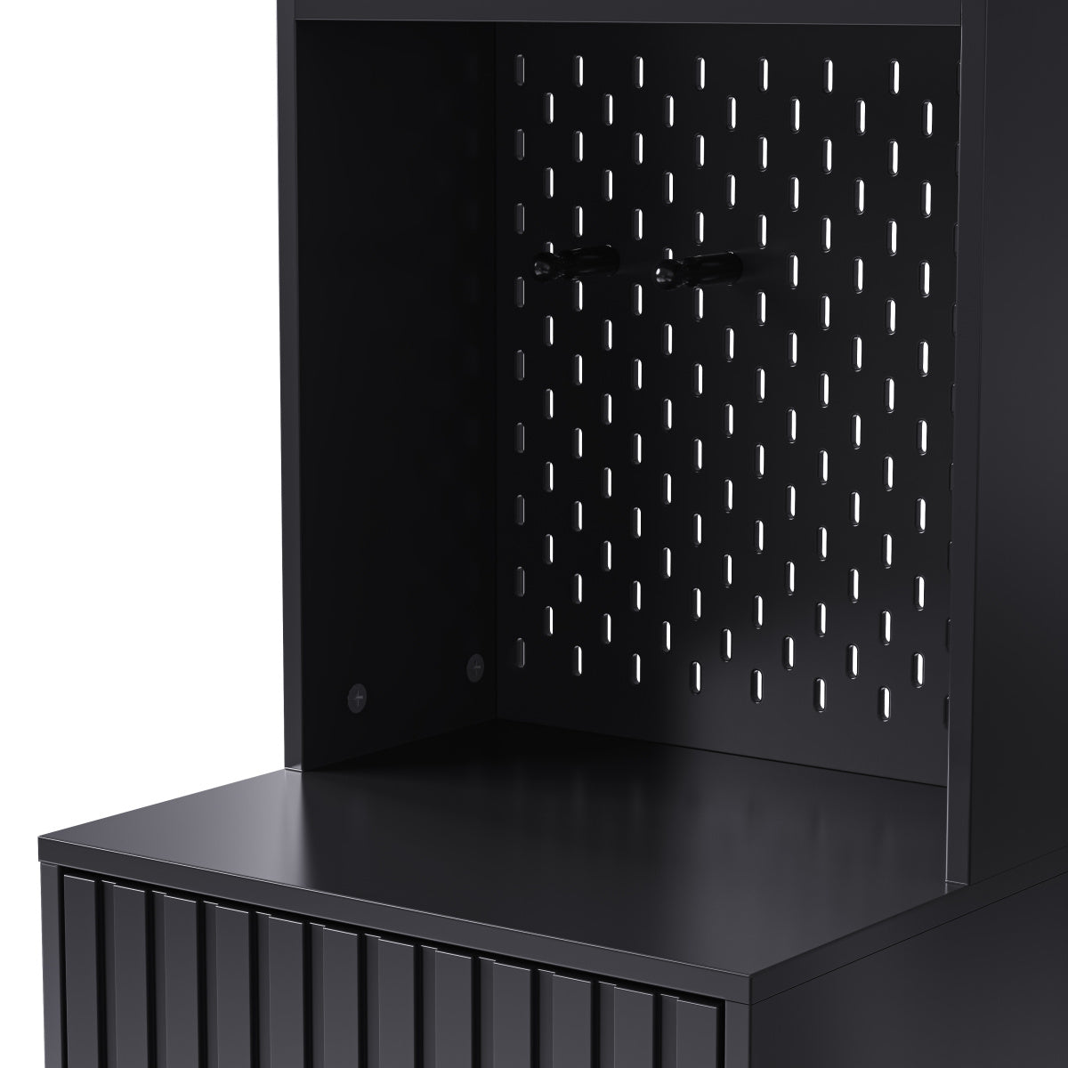Garderobenset mit Sitzbank, Pegboard, 4 Haken, 2 Schubladen & Schrank, MDF, Schwarz, 100×35×180 cm