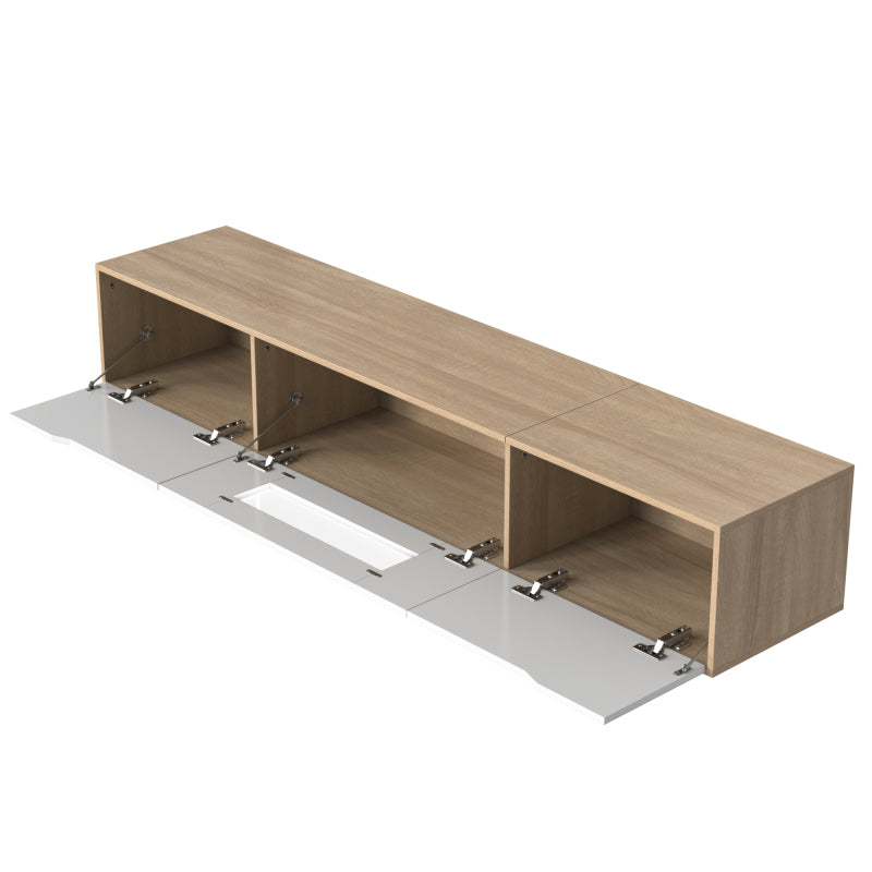 TV-Schrank, Hochglanz-TV-Schrank, farblich passend zu Hochglanz-Weiß und Holzfarbe, mit farbwechselndem LED-Licht.