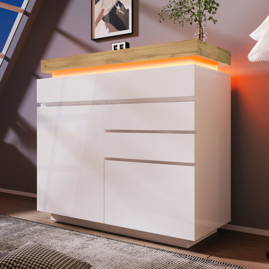 Kommode, Hochglanz Sideboard mit 2 Türen und 3 Schubladen, LED Beleuchtung (App Control), Mehrzweckschrank für Wohnzimmer und Schlafzimmer, 115 x 110 x 39 cm, Weiß