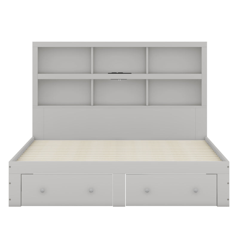 160*200cm Doppelbett, Kingsize-Plattformbett mit zwei Schubladen am Fußende des Bettes, Kopfteil mit Stauraum, Grau