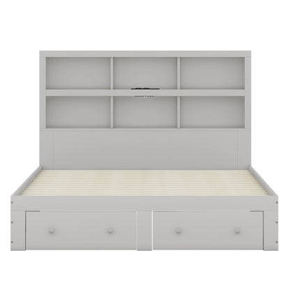 160*200cm Doppelbett, Kingsize-Plattformbett mit zwei Schubladen am Fußende des Bettes, Kopfteil mit Stauraum, Grau