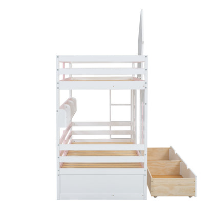 Etagenbett, Prinzessinnenbett, Kinderbett, Kinderbett mit Dach und Fenster, mit Fallschutzgitter, stabiles Geländer, Zwei Schubladen mit Rollen, Offenes Regal, Reichlich Stauraum, Kiefer+MDF,Weiß+Rose