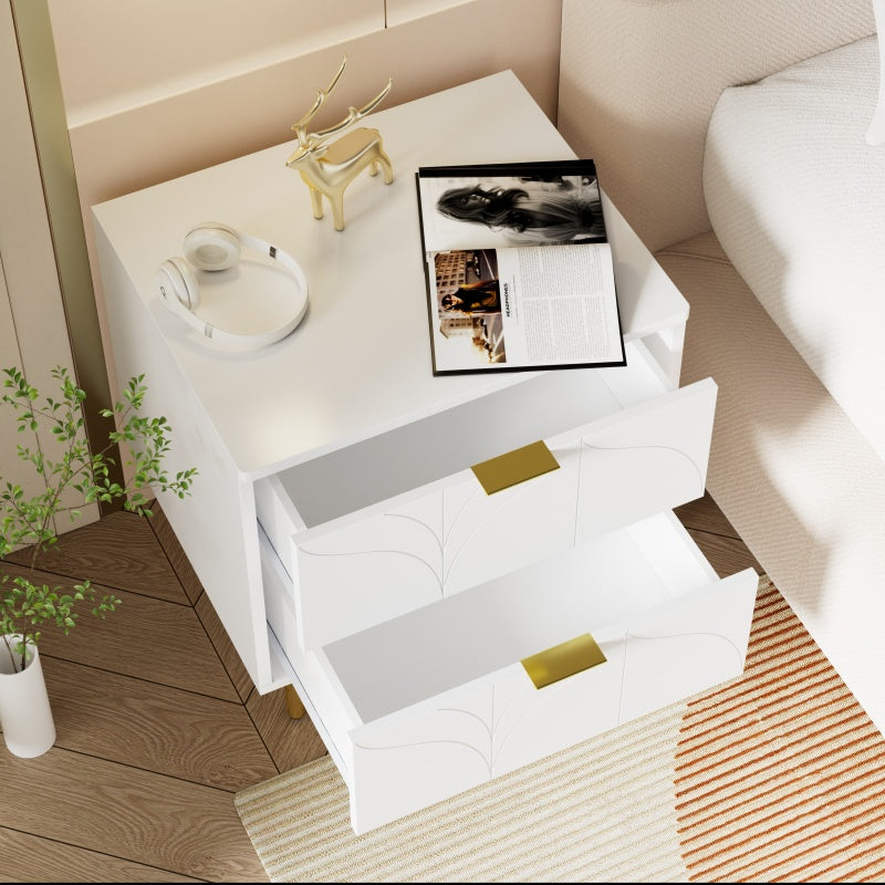Moderner Nachttisch mit vergoldeten Füßen und Knöpfen, florales Muster, 2er-Set mit 2 Schubladen, lackiert, Ecken mit Anti-Bump-Design, 50B*40T*54H cm, weiß