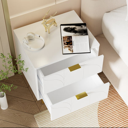 Moderner Nachttisch mit vergoldeten Füßen und Knöpfen, florales Muster, 2er-Set mit 2 Schubladen, lackiert, Ecken mit Anti-Bump-Design, 50B*40T*54H cm, weiß