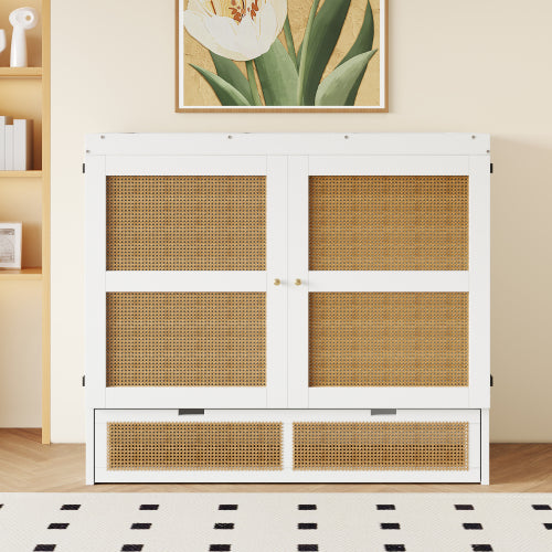 Schrankbett 140 x 200 cm, Wandbett mit Lattenrost, Wandklappbett, Rattan-Design, Holzbetten, Jugendbetten, Einzelbetten, Grau