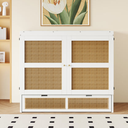 Schrankbett 140 x 200 cm, Wandbett mit Lattenrost, Wandklappbett, Rattan-Design, Holzbetten, Jugendbetten, Einzelbetten, Grau