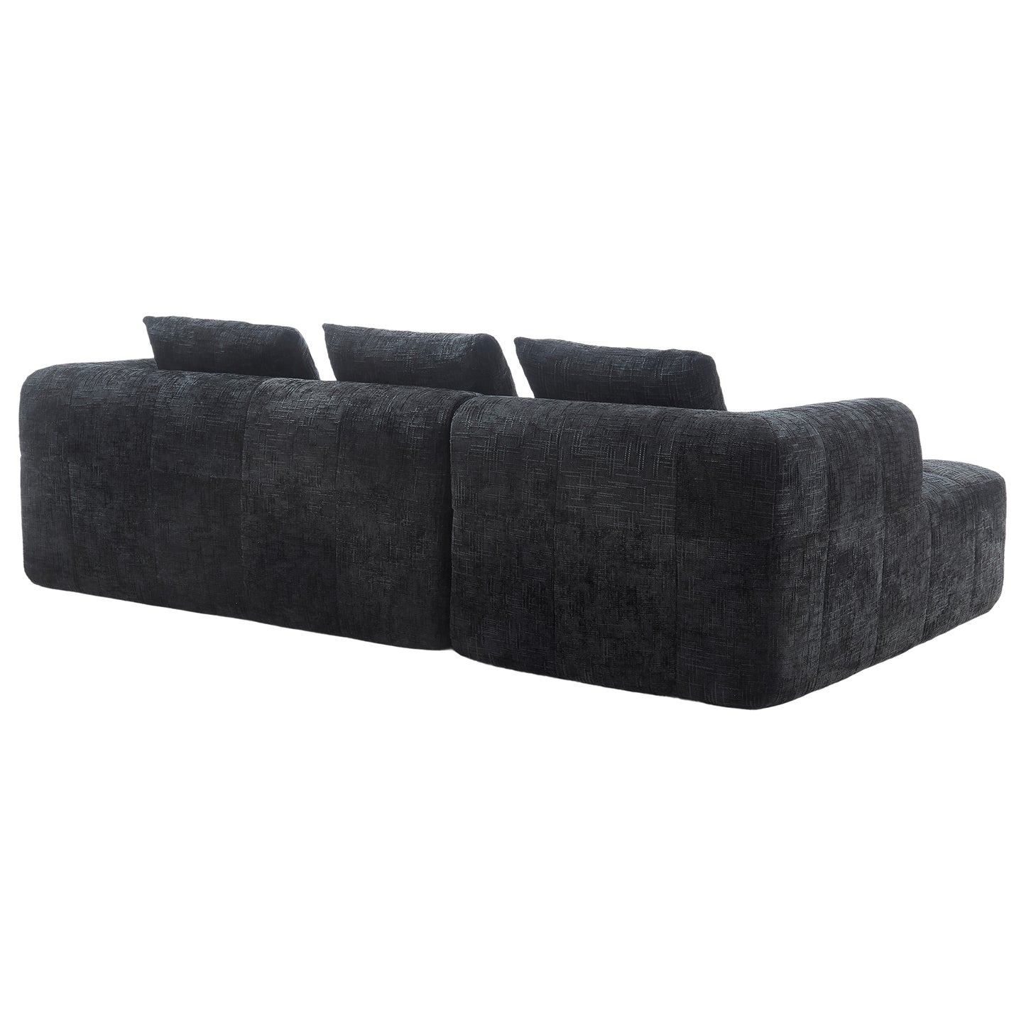 Modernes Sektionssofa, L-Sofa, 3-Sitzer-Sofa, keine Installation erforderlich, Chenille-Sofa mit Chaiselongue und Armlehnen, 3 Kissen, Seitentasche für Fernbedienung, Schwarz