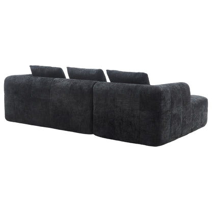 Modernes Sektionssofa, L-Sofa, 3-Sitzer-Sofa, keine Installation erforderlich, Chenille-Sofa mit Chaiselongue und Armlehnen, 3 Kissen, Seitentasche für Fernbedienung, Schwarz