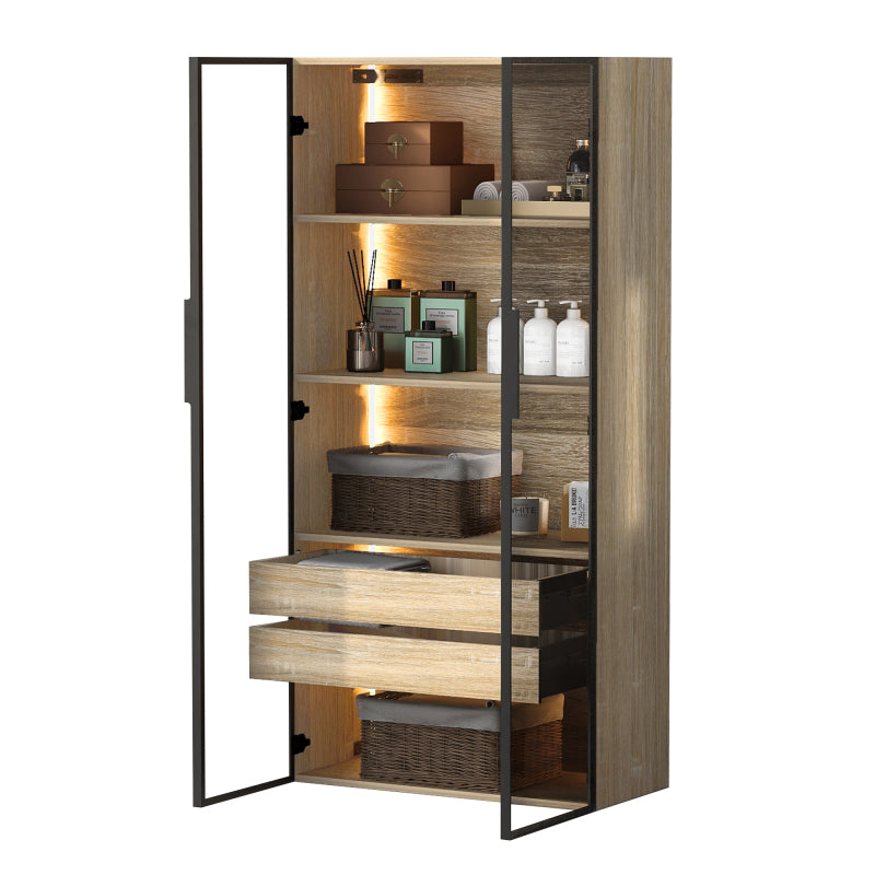 Badezimmerschrank, mittel, mit Lichtleiste, 73 cm breit, mit 2 großen Schubladen und 2 Türen, Glastür