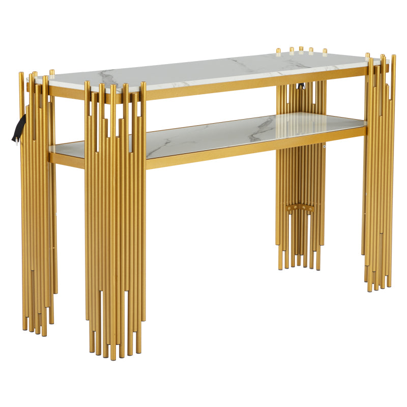 Mid-Century Modern Wohnzimmer Beistelltisch, Konsolentisch, weißer Korpus mit goldenen Beinen, doppellagiges MDF, belastbar bis 40 kg