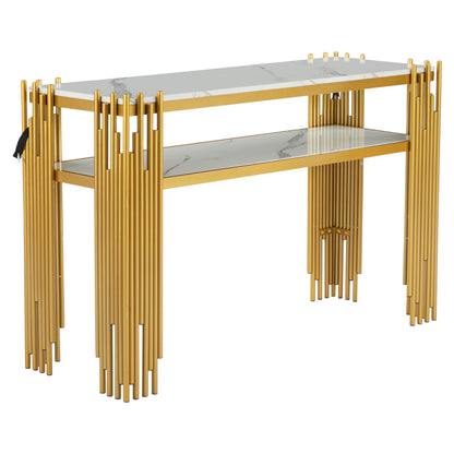 Mid-Century Modern Wohnzimmer Beistelltisch, Konsolentisch, weißer Korpus mit goldenen Beinen, doppellagiges MDF, belastbar bis 40 kg