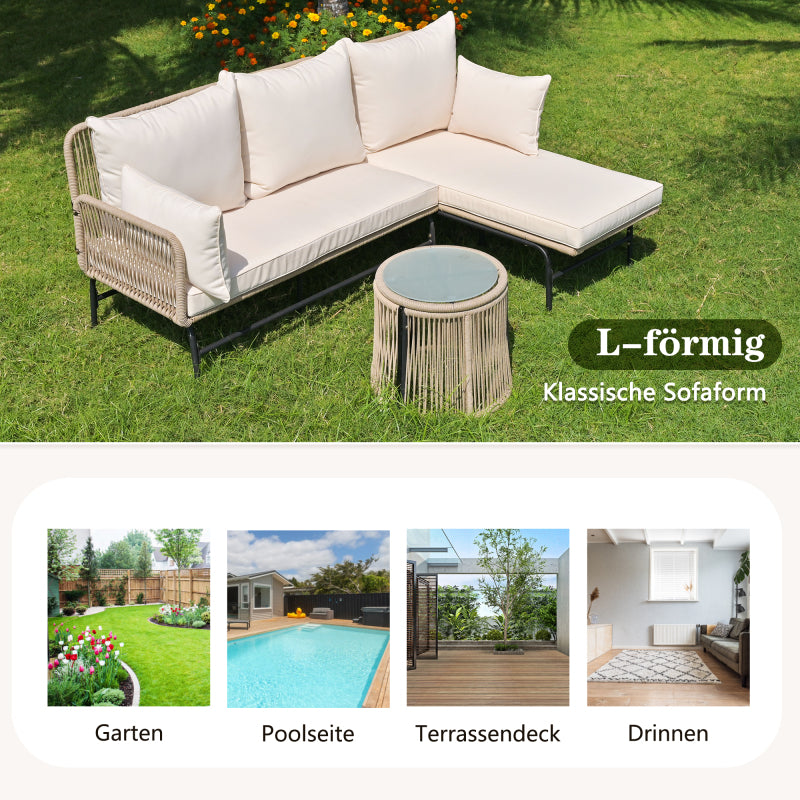Gartenlounge-Set, Gartenmöbel-Set, Gartenlounge mit Eisengestell und beigem Seilbezug, Gartenmöbel aus gewebtem Seil für den Außenbereich, L-förmiges Gesprächsset mit Tisch, Beige