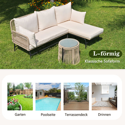 Gartenlounge-Set, Gartenmöbel-Set, Gartenlounge mit Eisengestell und beigem Seilbezug, Gartenmöbel aus gewebtem Seil für den Außenbereich, L-förmiges Gesprächsset mit Tisch, Beige