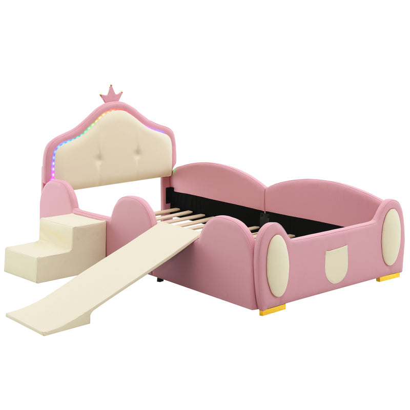 Polsterbett, Crown Cartoon Bett, Mit Multi-Mode-LED-Streifen, Kinderbett mit kleiner Rutsche und Treppe, mit schützenden weichen Kanten, mit Holzlatten, PU, Rosa + Beige, 90x200cm