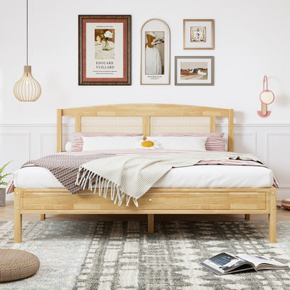 Doppelbett, Rattanbett, Jugendbett Erwachsenenbett 160X200cm, Rattannetzkissen, mit 15 Latten und Mittelfüße, Kiefer + PE-Rattan, Natur