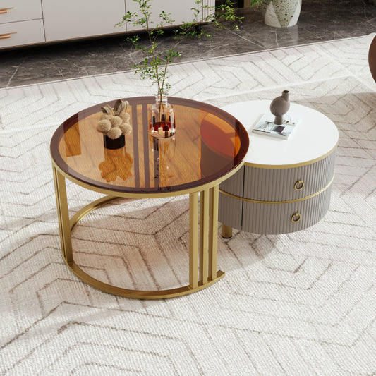 2-in-1 runder MDF-Couchtisch, Beistelltisch mit 1 Hochglanz-Tischplatte und 1 brauner Tischplatte aus gehärtetem Glas, Wohnzimmer-Couchtischkombination mit 2 Schubladen, 70*70*45 + 50*50*40 cm