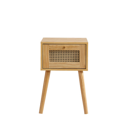 Klassischer Nachttisch mit ein Schubladen, mit Rattan-Schubladenplatte, mit goldfarbenem Metallgriff und lange Holzbeine, Stauraum im Wohnzimmer und Schlafzimmer, Spanplatten+PE-Rattan, Natur