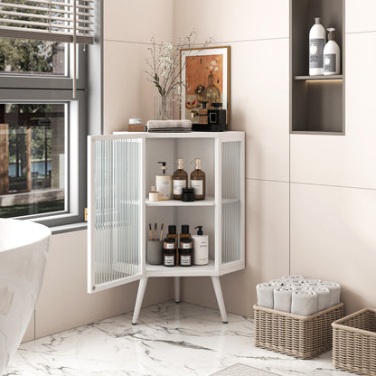 Floor Coner Cabinet with Tempered Glass Door & Adjustable Shelf for Bathroom, Living Room, Bedroom(White)