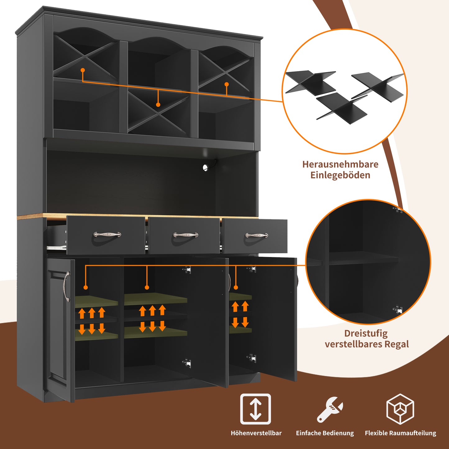 Küchenschrank 120x180cm LED, Hohes Buffet Schwarz, 3 Türen & 3 Schubladen, App-Steuerung, MDF Mehrzweckschrank