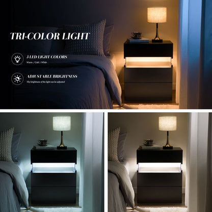 LED Nightstands 3 Drawer Dresser for Bedroom End Table with Acrylic Board LED Bedside Tables for Bedroom Living Room Bedside Furniture (Black)