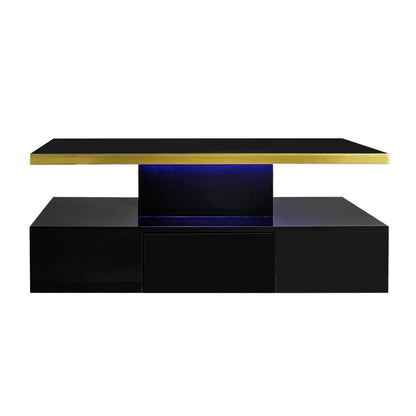 Couchtisch, Tisch mit Schubladen, Hochglanzlackierung, Beistelltisch mit zwei Ablageebenen. Mit LED-Licht