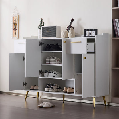 Schuhschrank, Schuhregal mit 2 Schubladen und 4 Türen, Metallfüße, weiß