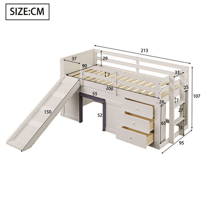 90 x 200 niedriges Hochbett mit Rutsche, drei Schubladen und zwei Türen, Creme