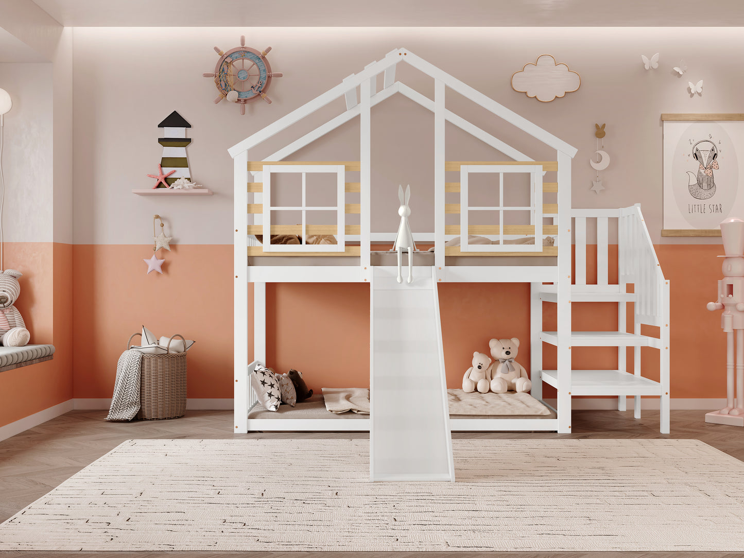 Etagenbett, Holzbett mit Treppe und Gitter, mit Rutsche und Fenster, Blockhaus Kinderbett mit Absturzsicherung, Bettrahmen aus Massivholz, Weiß(90x200 cm)