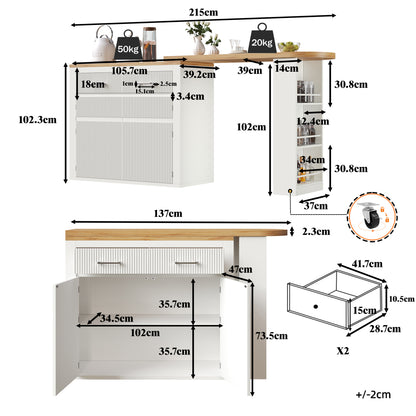 Ausziehbarer Bartisch Weiß (137-215cm) - Moderner Teleskop-Hochtisch mit Schublade & 2 Regalen - Bewegliche Kücheninsel & Bistro Table
