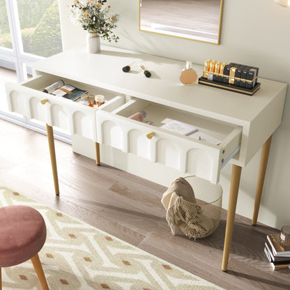Schminktisch mit 2 Schubladen 76.5cm Höhe ,Kommode Schlafzimmer Highboard Weiss Sideboard Schubladenkommode Kommode für Schlafzimmer, Creme-Weiß -H76.5/B100/T45 cm