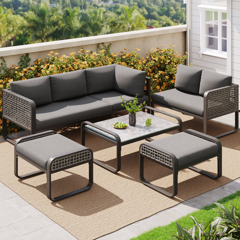 Garten-Lounge-Set, Rattan-Möbel-Set für 6-7 Personen, Ecksofa mit verzinktem Eisengestell, verstellbare Beine, inklusive aller Sitz- und Rückenkissen, grau