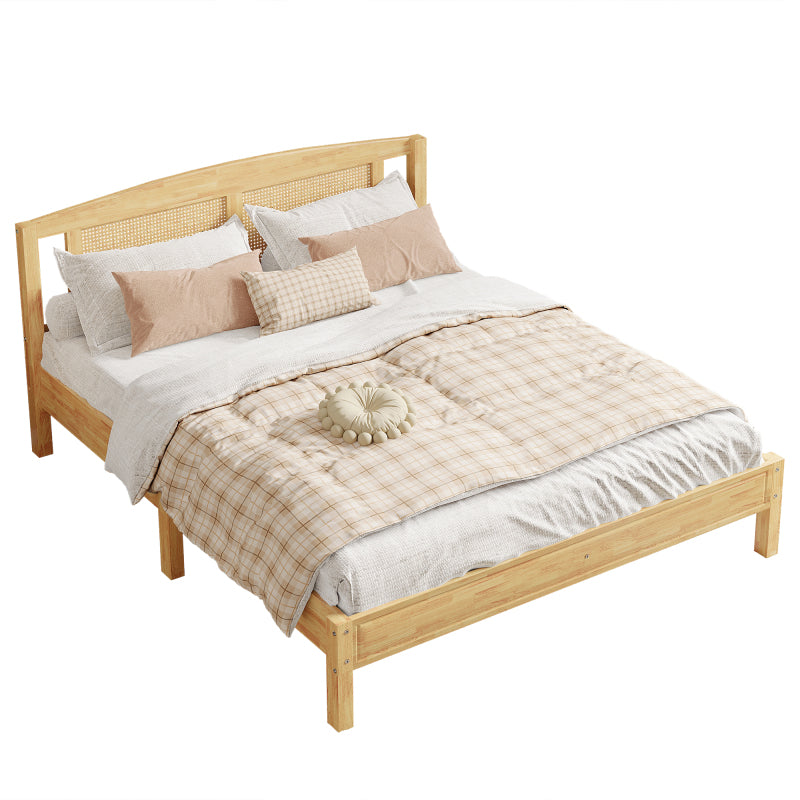 Doppelbett, Rattanbett, Jugendbett Erwachsenenbett 160X200cm, Rattannetzkissen, mit 15 Latten und Mittelfüße, Kiefer + PE-Rattan, Natur