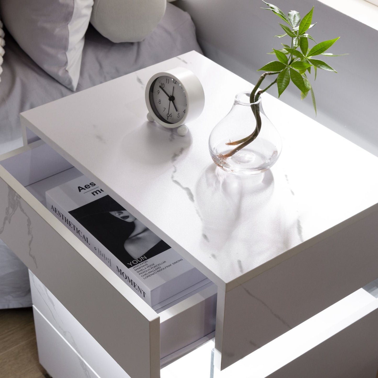 LED Nightstands 3 Drawer Dresser for Bedroom End Table with Acrylic Board LED Bedside Tables for Bedroom Living Room Bedside Furniture (White Stone)