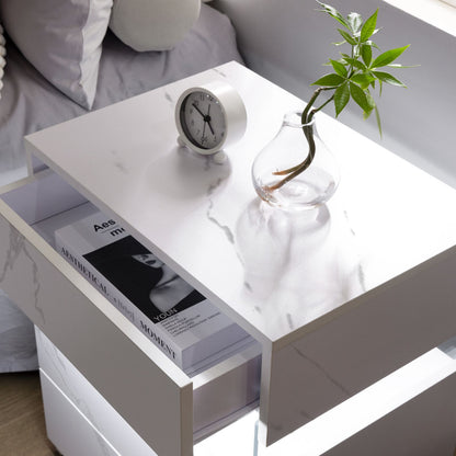 LED Nightstands 3 Drawer Dresser for Bedroom End Table with Acrylic Board LED Bedside Tables for Bedroom Living Room Bedside Furniture (White Stone)