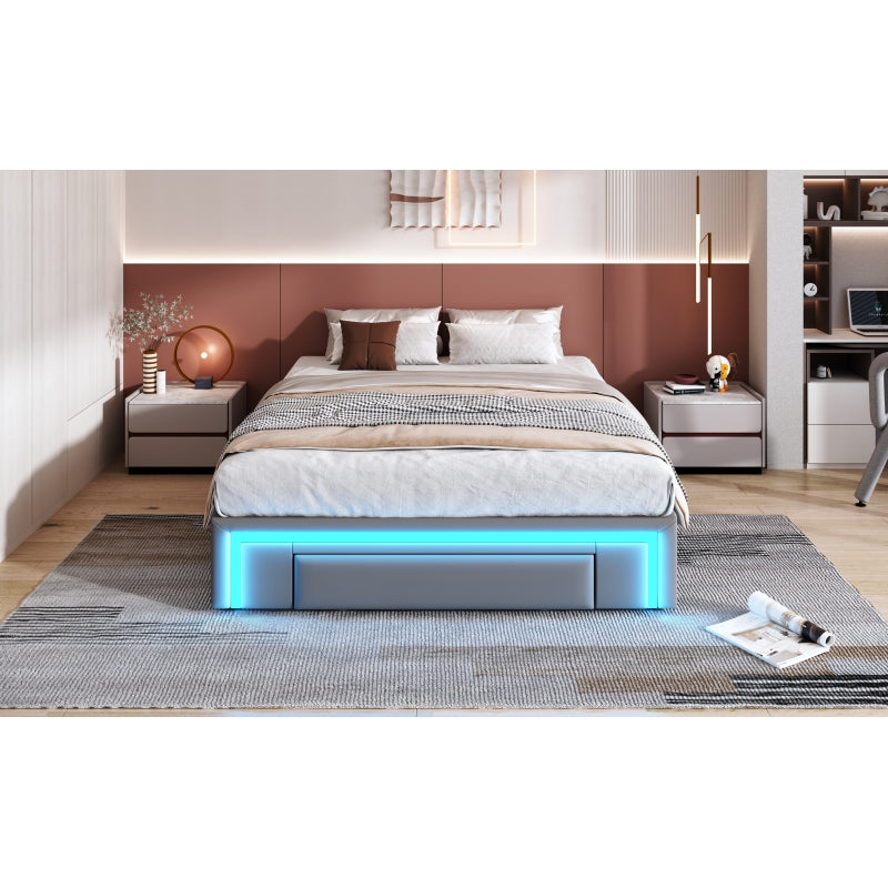 Bettgestell 140X200 mit Schubladen, PU-Leder Bett ohne Kopfteil Mit LED-Lichtleiste, MetalllattenPlattformbett für moderne Schlafzimmer Grau