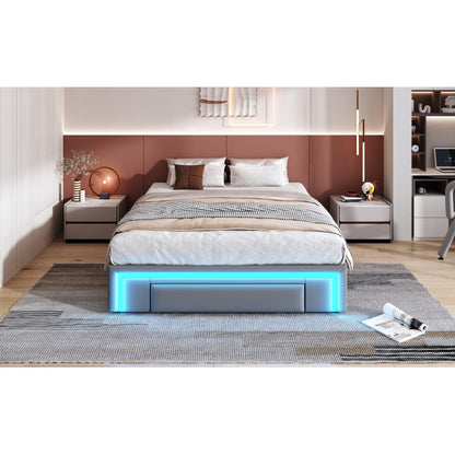 Bettgestell 140X200 mit Schubladen, PU-Leder Bett ohne Kopfteil Mit LED-Lichtleiste, MetalllattenPlattformbett für moderne Schlafzimmer Grau