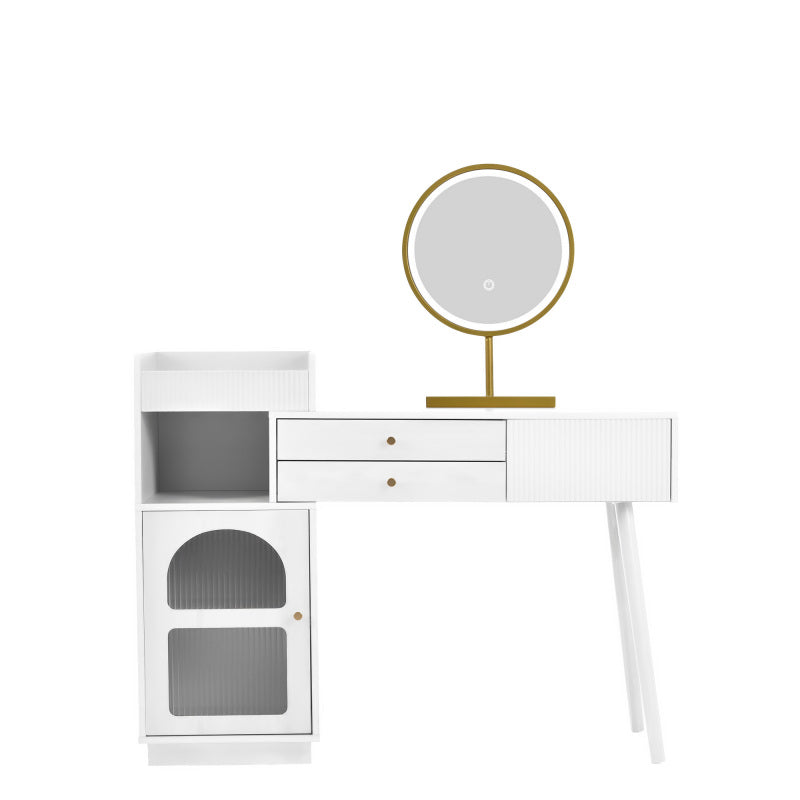 Kosmetiktisch-Set mit LED-Spiegel und 3-Farben-Beleuchtung, Schminktisch aus Holz mit 3 Schubladen und Seitenschrank, ausziehbares Design - Maße: B120/H90/T40 cm (ohne Hocker)