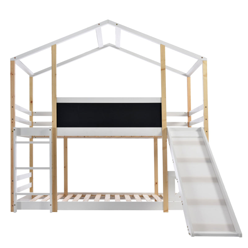 Kinderbett Baumhaus mit Rutsche & Leiter 90 x 200 cm, Hochbett für Kinder– 2x Lattenrost- Natur & Weiß